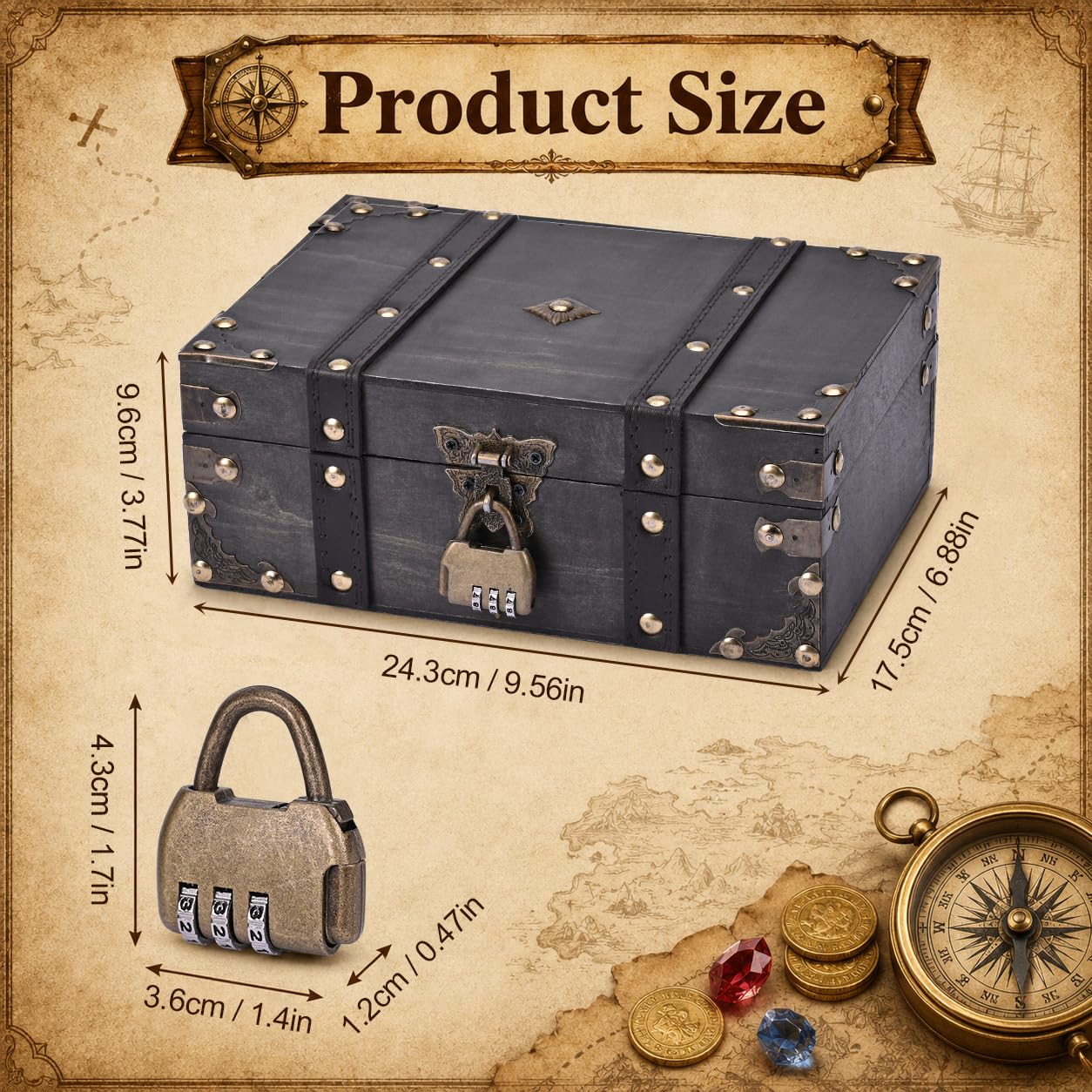 24x17x10cm Vintage Schatztruhe Box Holz Schatzkiste mit Schloss Schatzbox für Kinder Piratentruhe Kindergeburtstag Piratenkiste Piraten Holztruhe Holzkiste für Schatzsuche Schmuckkästchen Holzkästchen