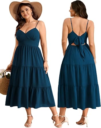 SCOMCHIC Plus Size Summer Boho Floral Maxi Sundress V Neck Spaghetti Strap Bow Tie Backless Flowy Casual Beach Long Dress