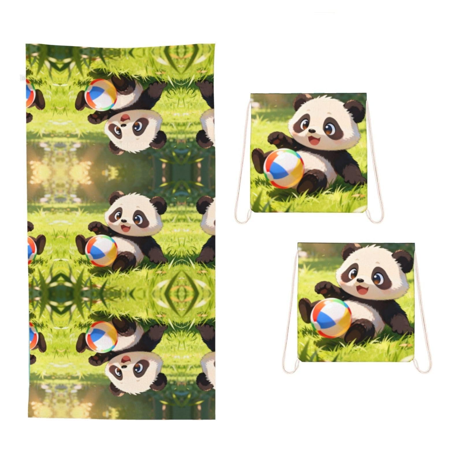 CNTDBU Panda Play Ball 2 in 1 Packable Towel Bag-Large Beach Towel with Stuff Sack, Super Absorbent Microfiber Travel Towel for Pool