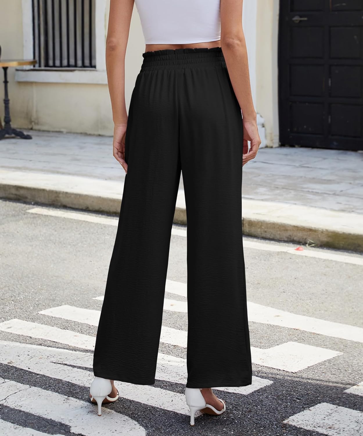 NILOUFO Women Summer Casual Wide Leg Pants High Waisted Elastic Tie Knot Boho Beach Trousers with Pockets - Image 2