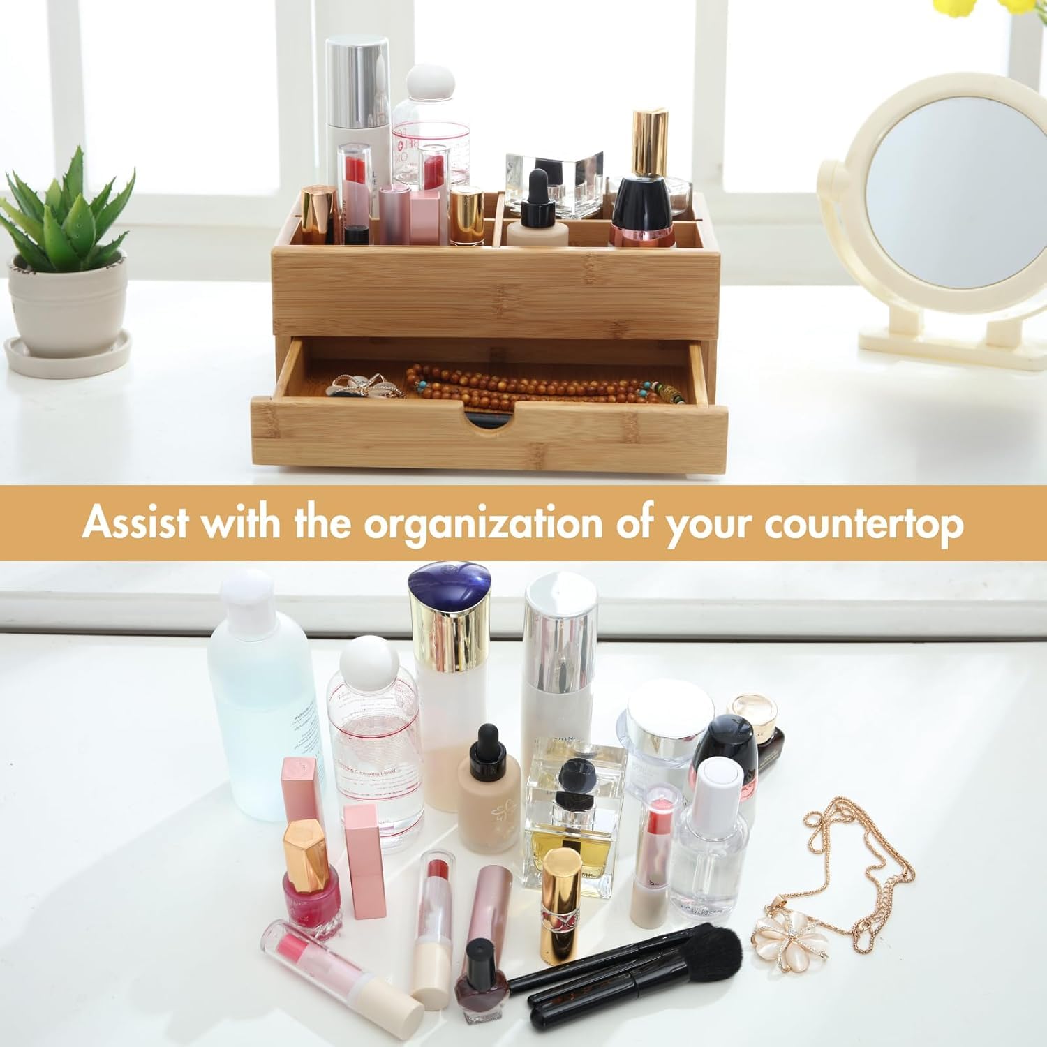 GOBAM Bamboo Makeup Storage Drawer Organizer with Removable Dividers