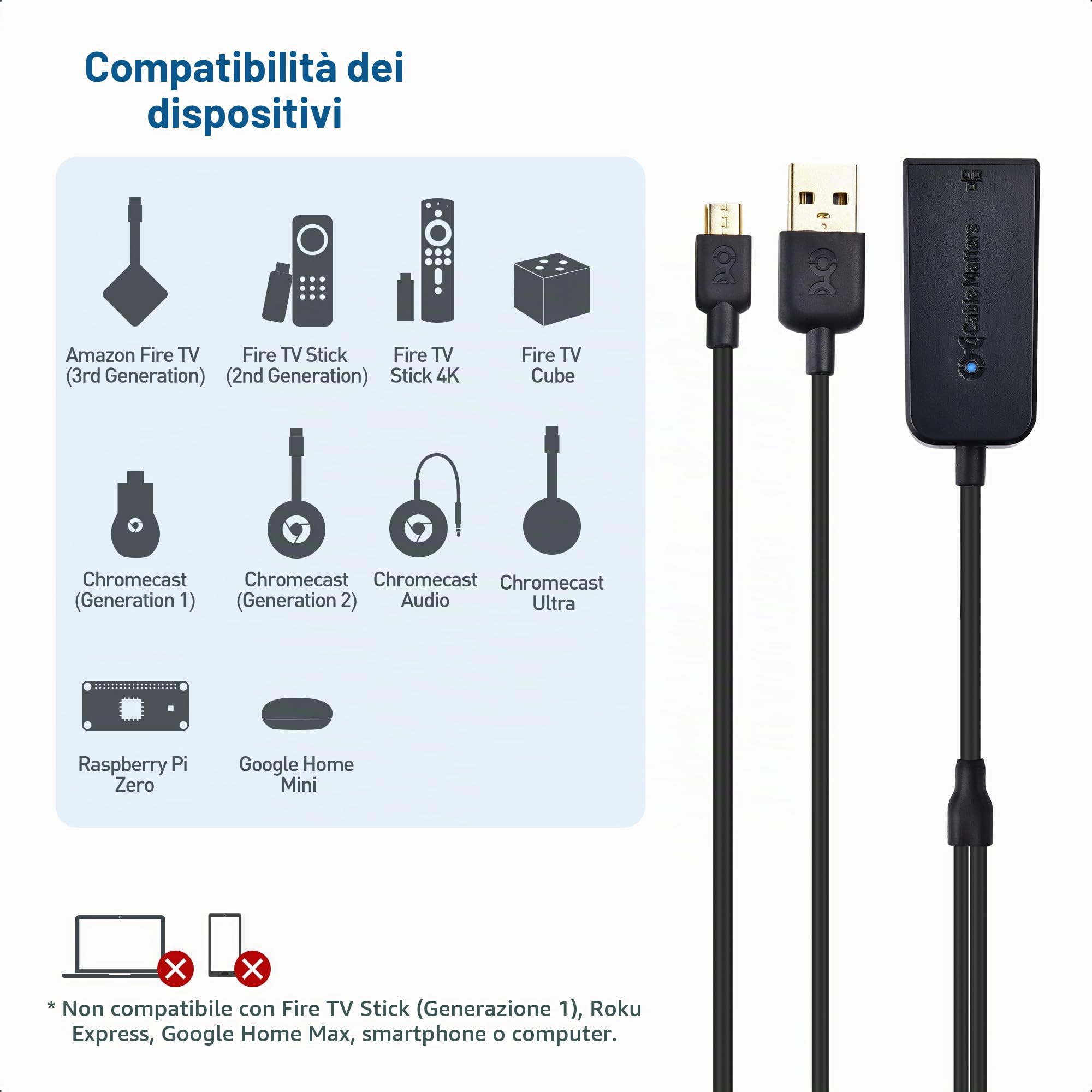 Cable Matters Adattatore Micro USB-A Ethernet Fino | Fire TV Stick LAN adattatore, Fire TV LAN, Einschließlich Chromecast, Google Home Mini e più