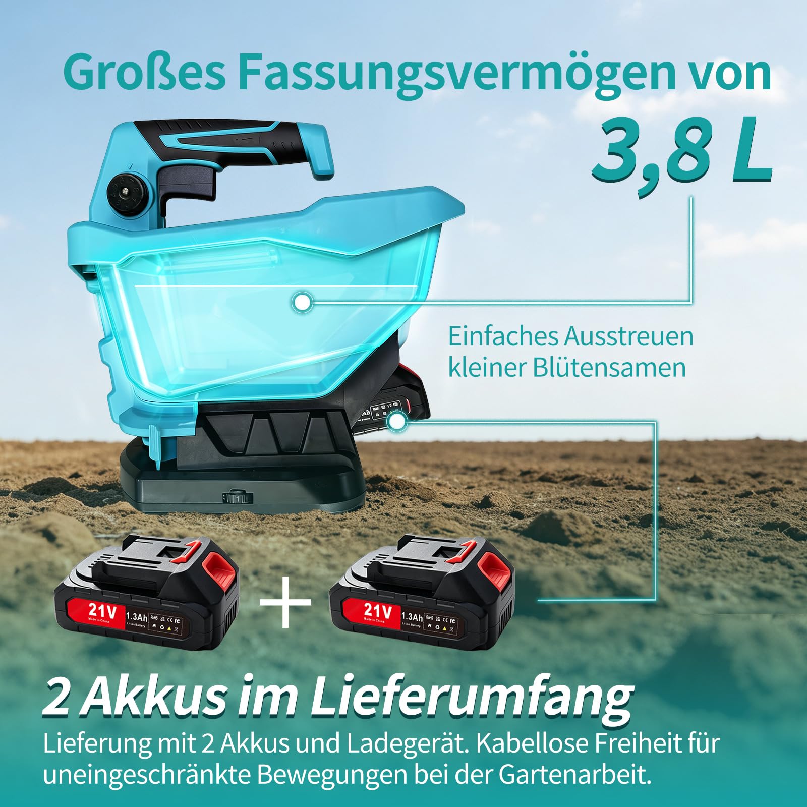 Bostar Akku-Düngerstreuer, kompatibel mit Makita 18V LXT Akkus, Handstreuer für Rasensaat, Dünger & Streusalz, 3,8L Kapazität, 6-stufige Geschwindigkeitsregelung, Edelstahl-Streurad