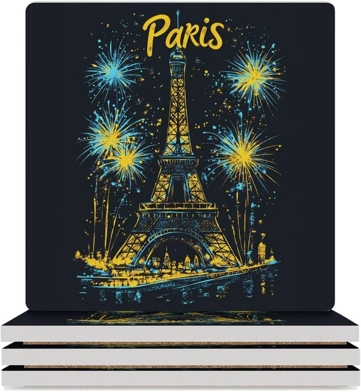 Vintage Paris Eiffel Tower Fireworks Funny Ceramic Coasters for Drinks Absorbent Cup Holder Tabletop Protector with Cork Base