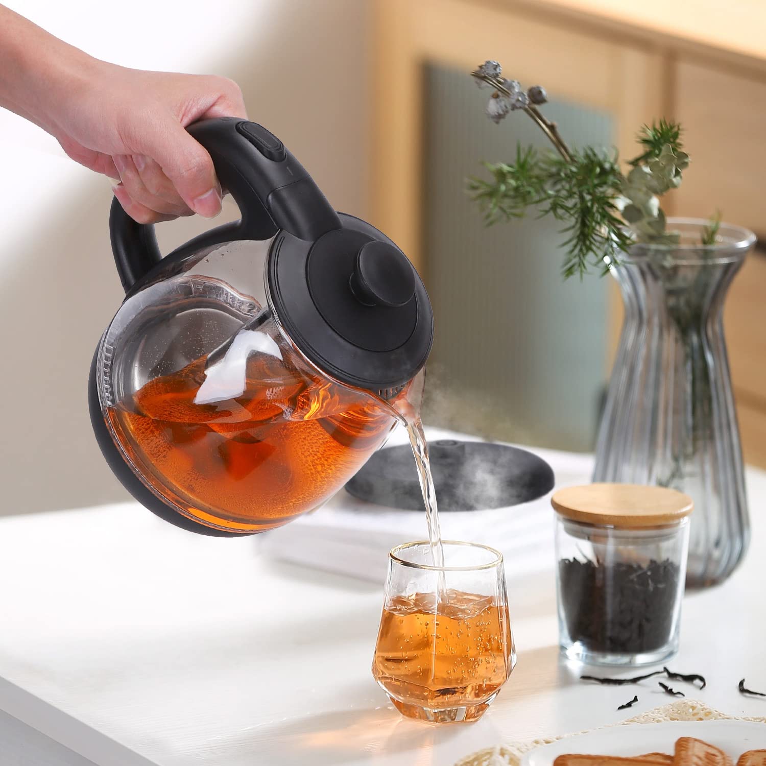 Taylor Swoden Abel - Hervidor de cristal de 1 litro, 2200W, Hervidor de agua eléctrico con iluminación LED libre de BPA, función mantener caliente, con infusor y filtro extraíble, 2 piezas