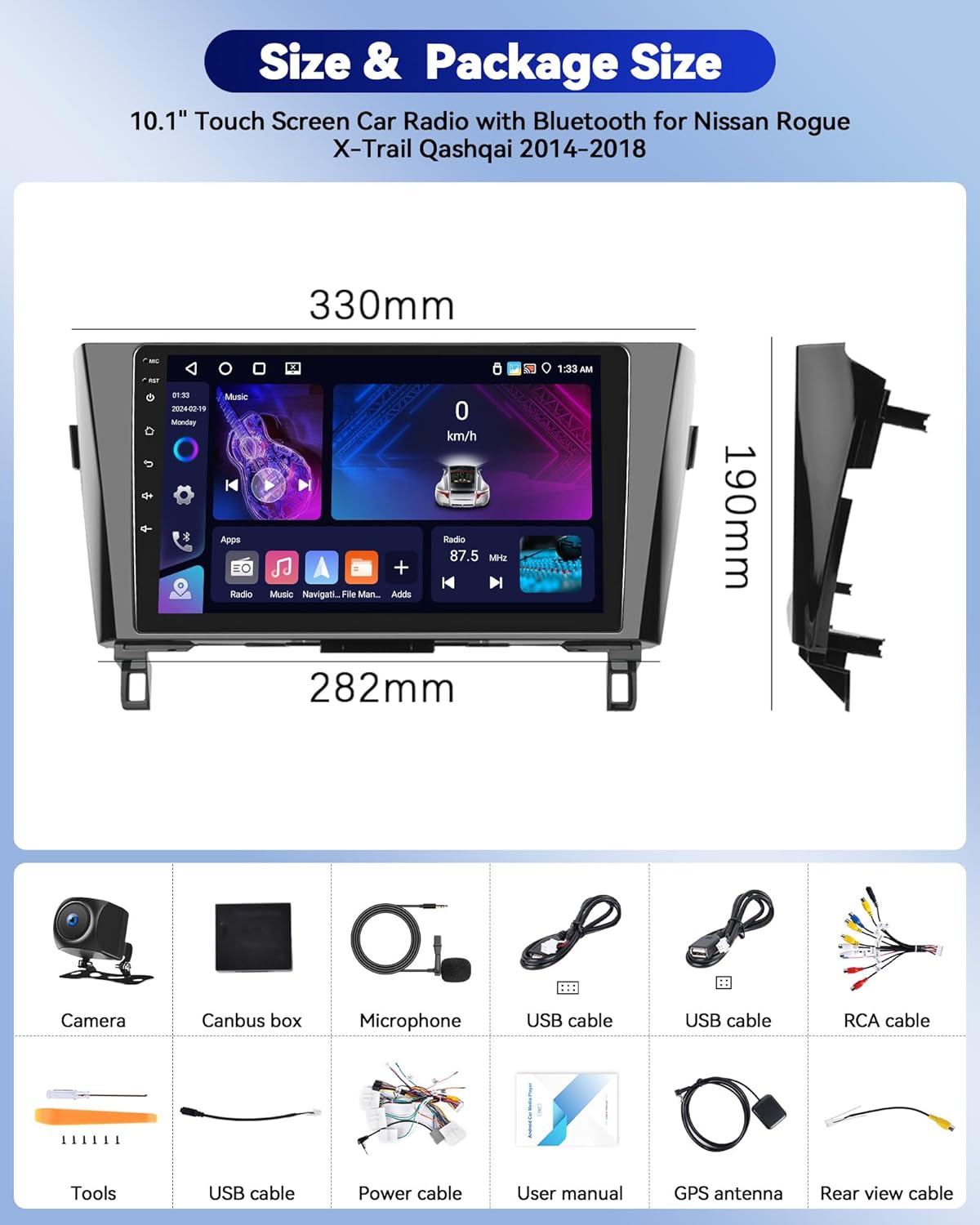 Diagram showing all components included in the CAMECHO car stereo package: camera, Canbus box, microphone, USB cables, RCA cable, tools, power cable, user manual, GPS antenna, rear view cable.
