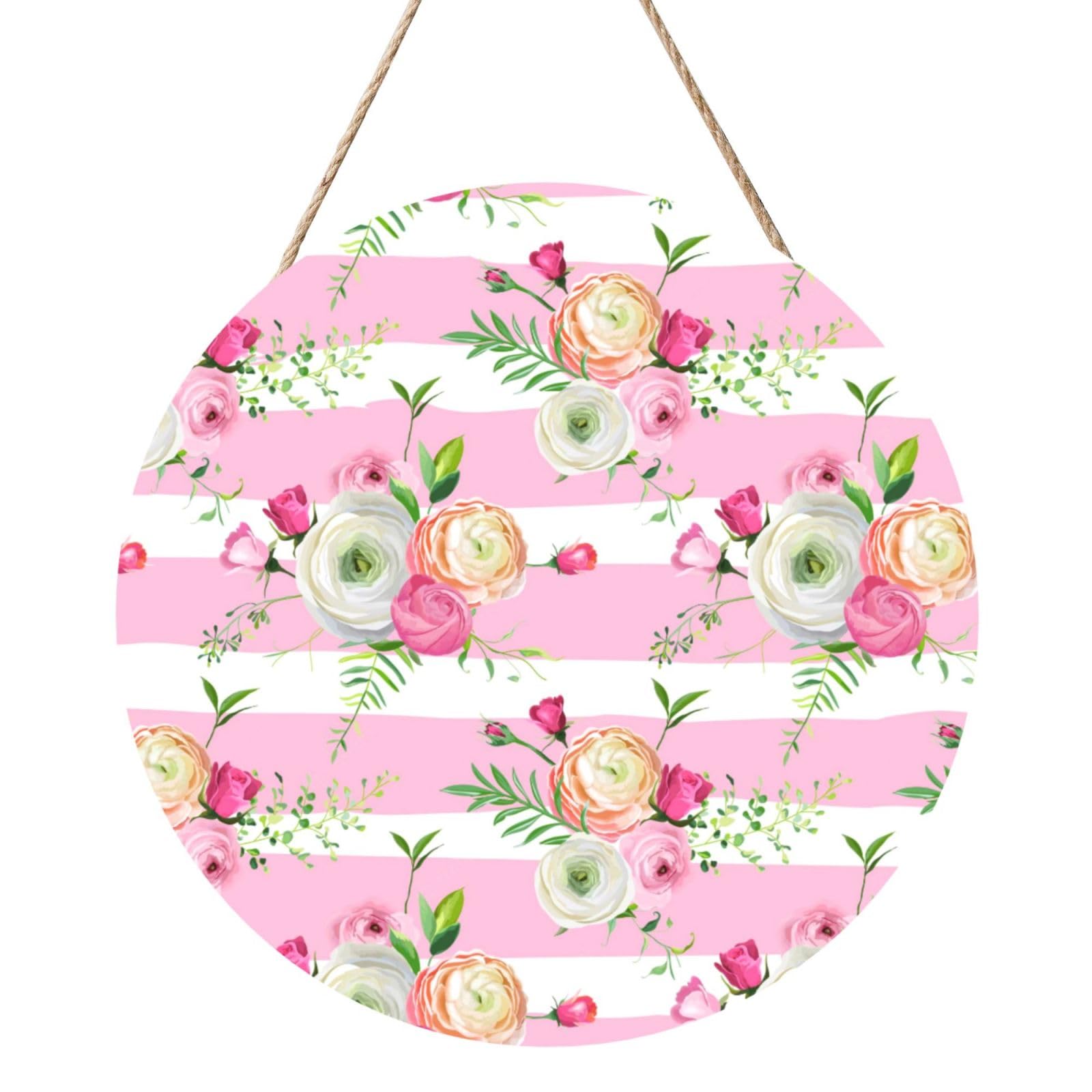 InOmak Flowers Pink Stripes, Round Wood Panel Painting 12 in, Wall Hanging Painting For Home