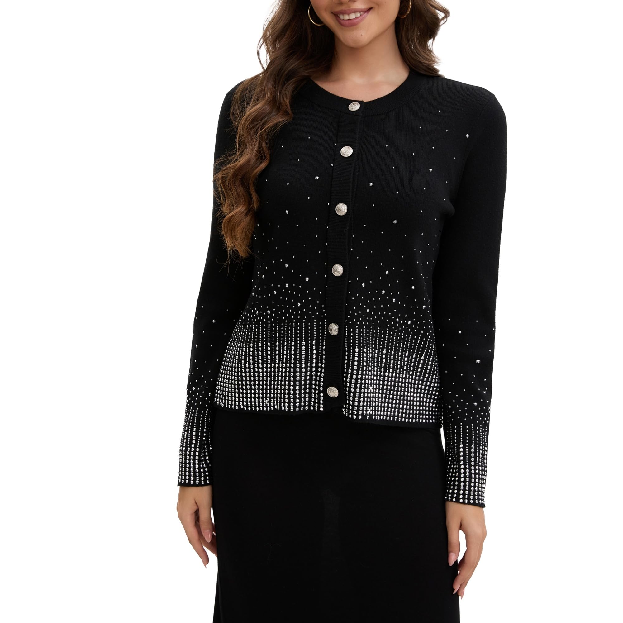 Froggirl Womens Sparkle Rhinestone Button Down Cardigan Sweater Elegant Long Sleeve Knit Jackets Top