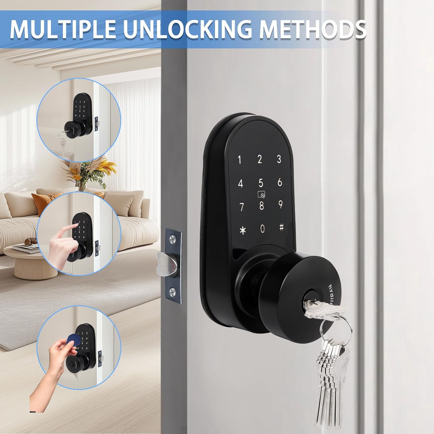 Electronic Door Lock with Touchscreens, Door Locks for Front Door, Electronic Door Knob with/IC Card/Password/Key, Digital Door Lock with Keypad