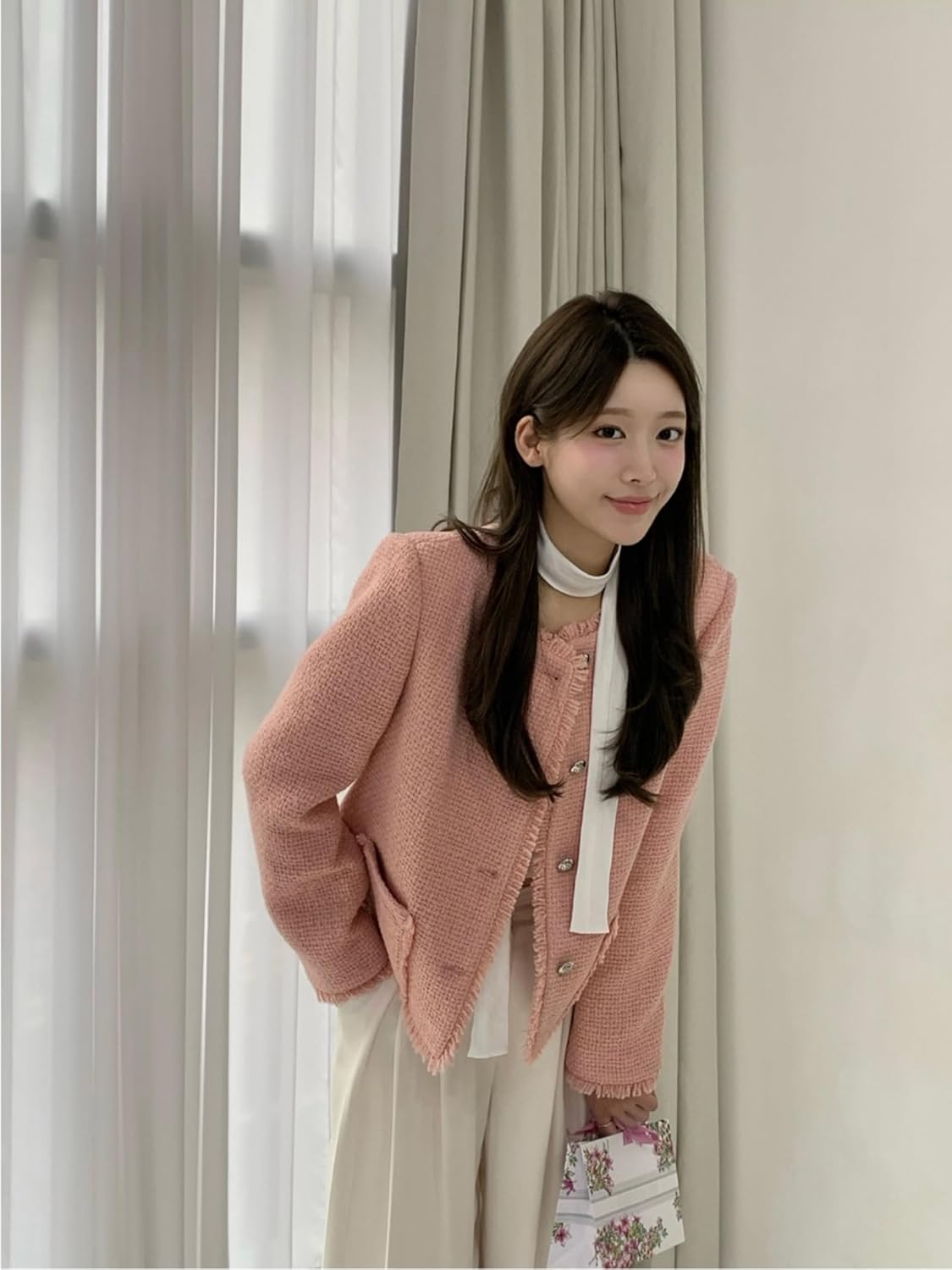 [ＹＡＺＨＵＥ] ツイード風ジャケット ノーカラージャケット レディース アウター ゆったり ショートジャケット トップス ツイード