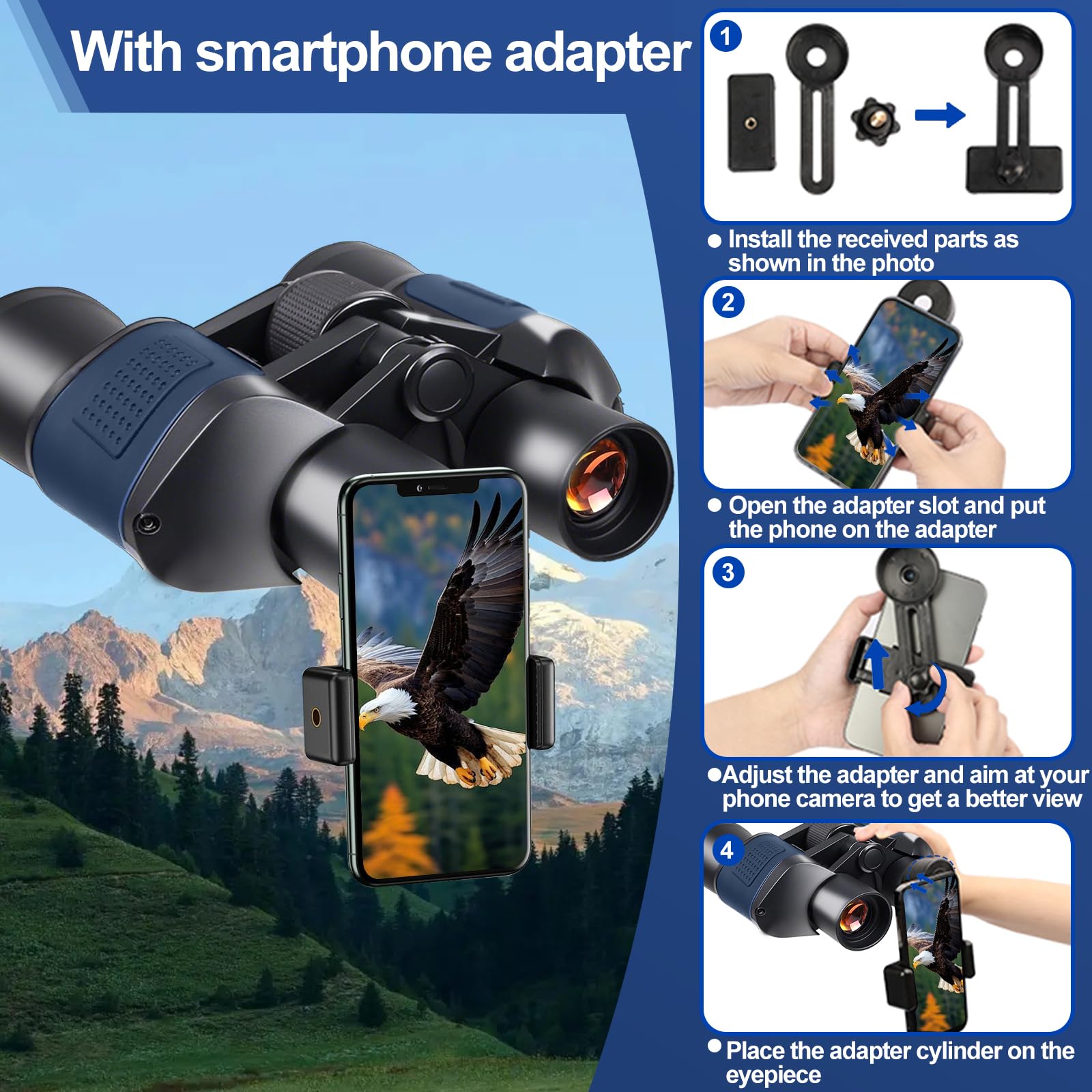 20x50 Fernglas für Erwachsene mit Nachtsicht BAK4 Prism FMC Objektiv HD Fernglas Erwachsene Kompakte Wasserdichtes Fernglas mit Smartphone Adapter für Vogelbeobachtung Reisen Jagd Sport LAN
