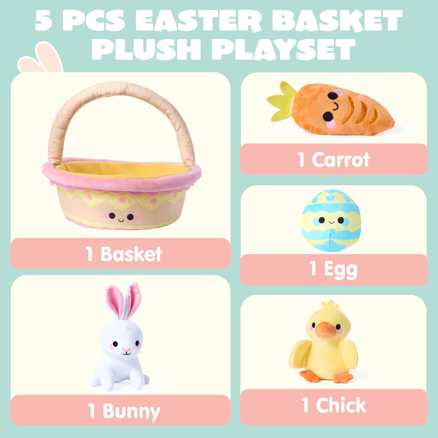 JOYIN 5 Pcs Easter Basket Plush Playset, Filled Basket with Bunny Chick Egg Carrot, Easter Toys Gifts Prefilled with Animal Stuffers for Baby Toddler Kids Boys & Girls of All Ages