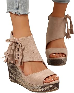 ZDLJYL Womens Espadrilles Wedges Sandals Heels Open Toe Tie Lace Up Platform Ankle Strap Summer Dress Shoes Boho Party Shoes