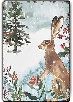 Znzd Vintage Metal Signs,Winter Snowy Trees Wild Animals Hare Wall Funny Metal Signs,Christmas Watercolor Paintings for Christmas Themed Decor Bedroom Living Room Home Decor Gifts,8x12 Inch