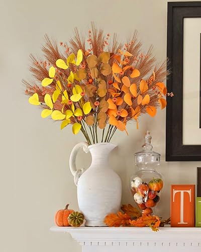 Miniatura 3 de 12 ramos de flores artificiales de otoño de 27.5 pulgadas con hierba de pampa naranja quemada, bayas, calabaza y hojas de eucalipto de otoño,