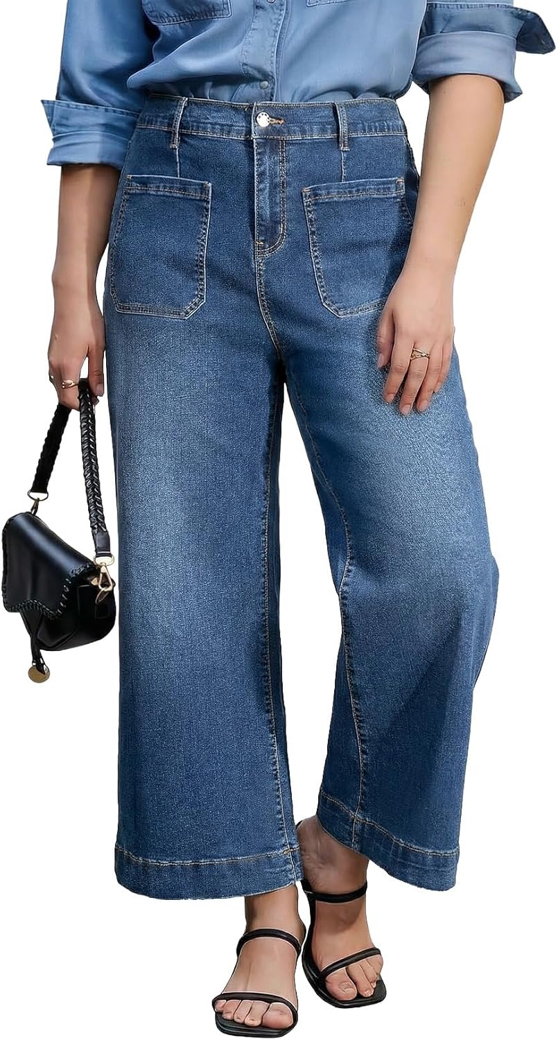 Eytino Plus Size Jeans for Curvy Women High Waisted Wide Leg Stretchy Straight Leg Ankle Denim Pants with Pockets(1X-5X)