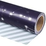 WRAPAHOLIC Reversible Constellation Wrapping Paper - Mini Roll - 17 Inch x 33 Feet - Navy and Silver Metallic Foil and Stripes Galaxy Wrapping Paper for Birthday, Wedding, Baby Shower
