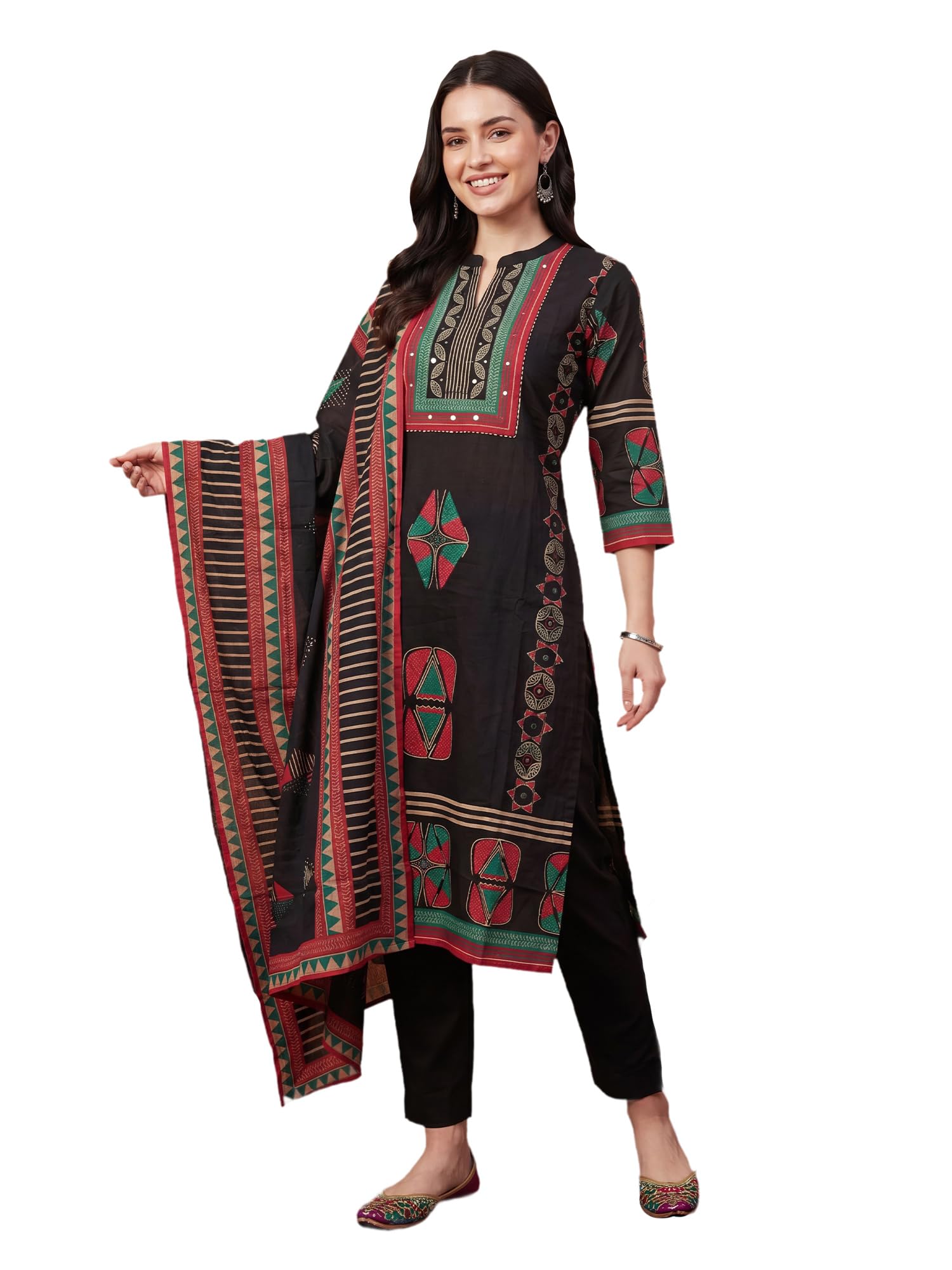indo era Women's Pure Cotton Printed Thread Work Straight Kurta & Pant with Dupatta Set | Kurti Set-picture-28