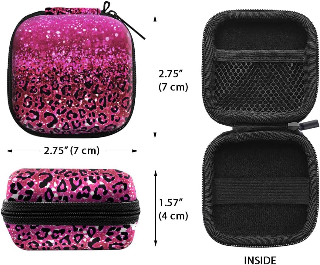 WIRESTER Portable Wireless Headphone Case, Earphone Storage Bag Carrying Case, Earbud Holder with Black Carabiner Compatible with Airpods - Hot Pink Sparkle with Black Pink Glitter Leopard image 3