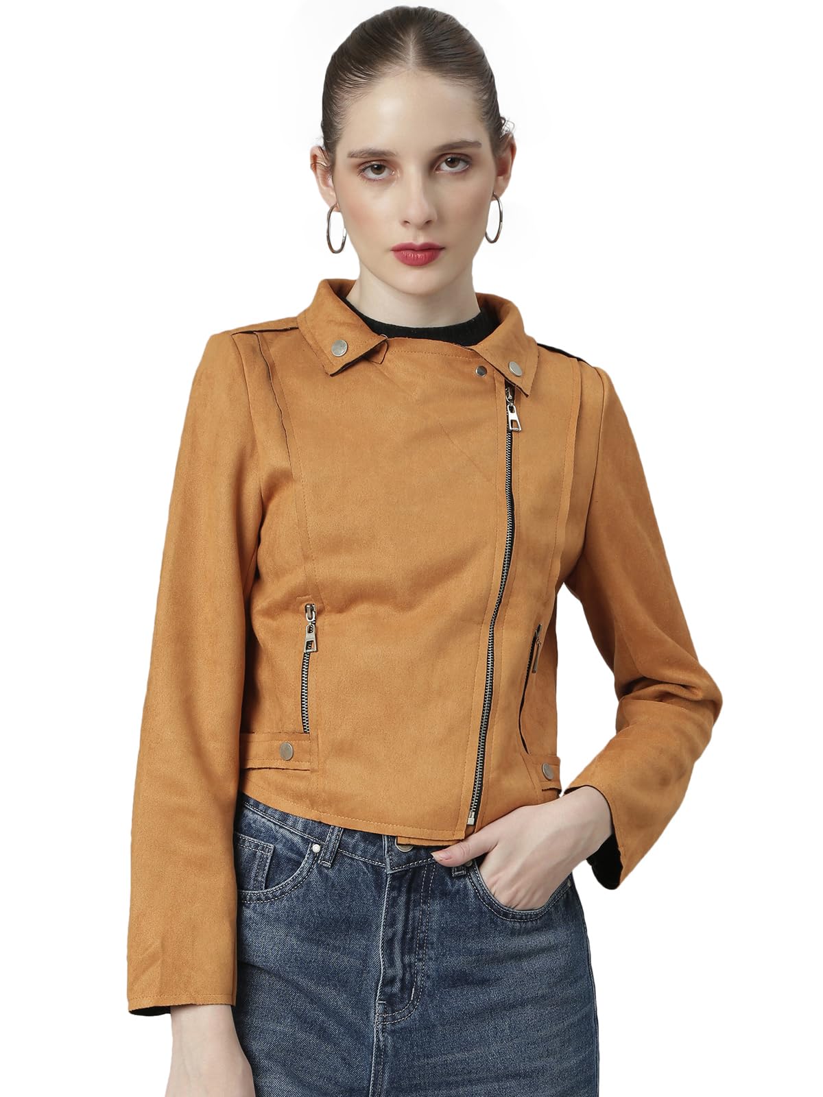 showoffff Women Solid Tailored Jacket | Lapel Collar Full Sleeves Suede Jacket for Womens | Regular Fit Regular Length Jacket for Women's-picture-35