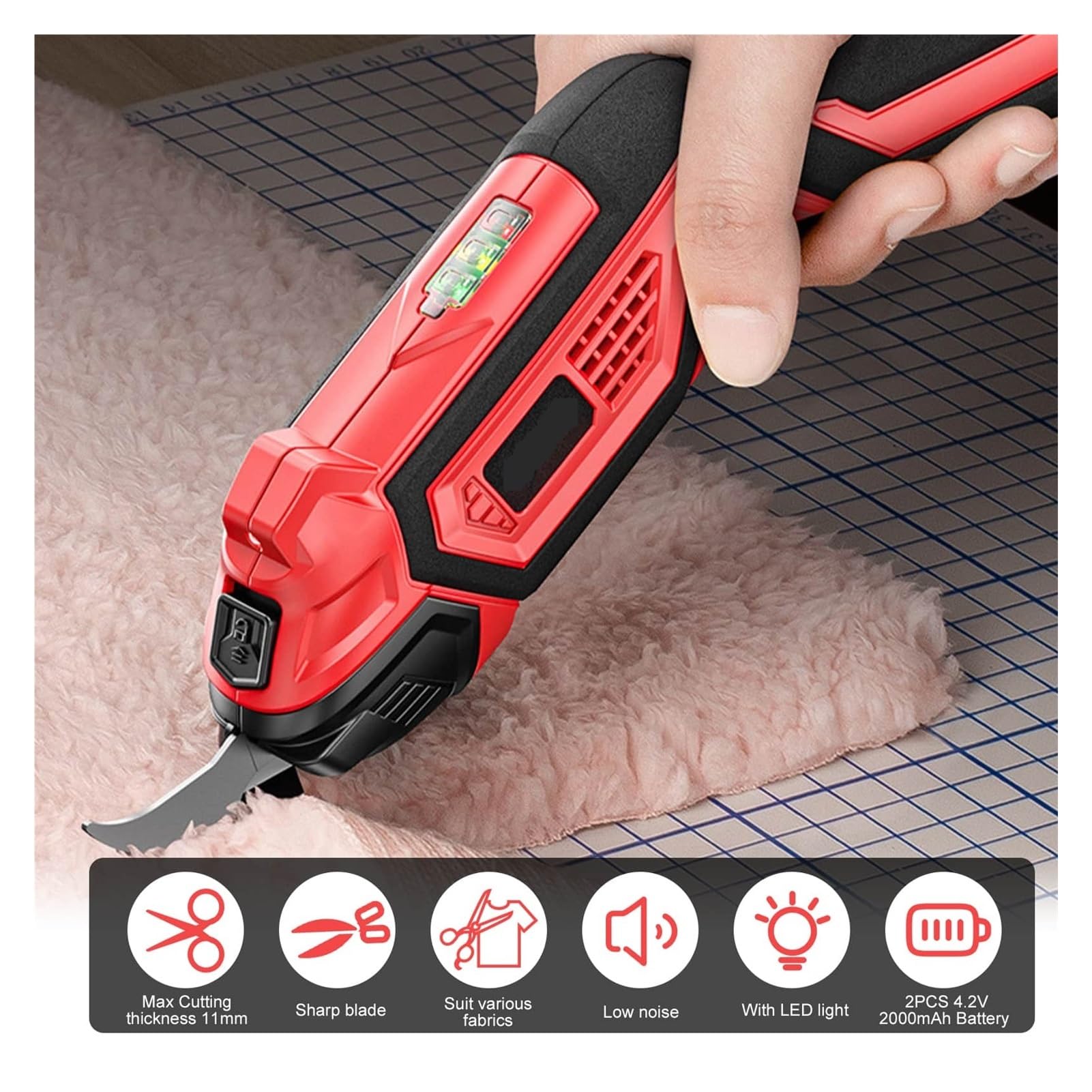 Tijeras Eléctricas For Tela, Cuero, Alfombras, PVC Y Cartón, Cortador Inalámbrico, Batería De 4,2 V 2000 MAh Con Luz LED Corte suave(2xAlloy blade set)