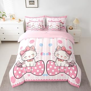Manfei Kawaii Cat Twin Size Comforter Set in a Bag 7 Pieces,Pink Bowknot Bedding Set for Kids,Cartoon Kitten Pet(Comforter+Fitted+Flat Sheet+2 Pillowcases+2 Throw Pillow Covers)