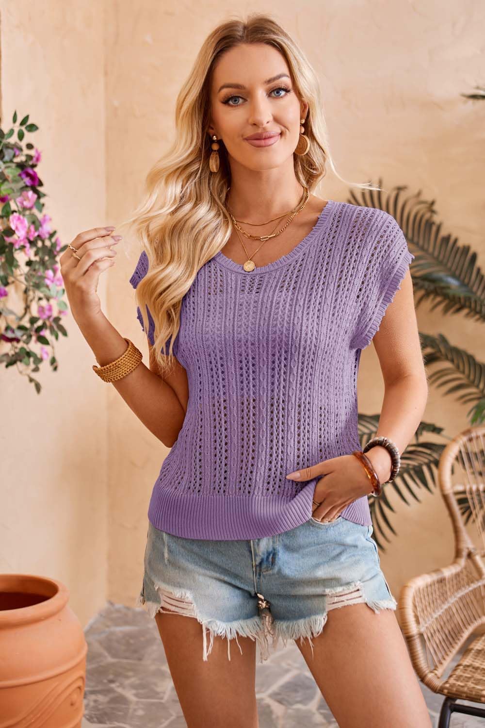 Arach&Cloz Womens Summer Crochet Tops 2024 Lightweight Cap Sleeve Crew Neck Knit Fashion Casual Sleeveless Sweater Vest - Image 4