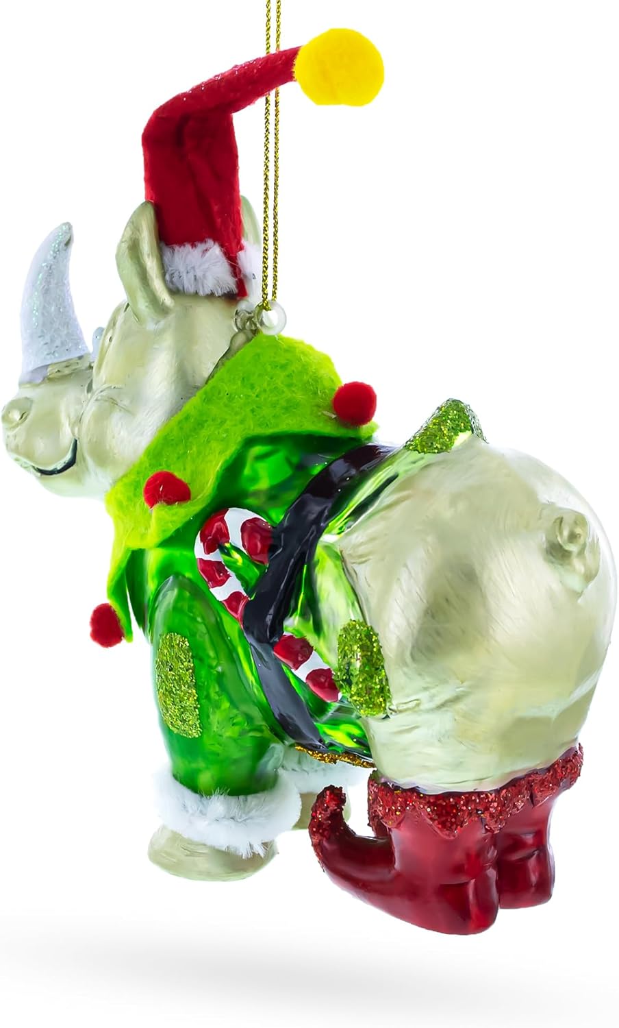 Festive Rhino in Santa Hat Blown Glass Christmas Ornament - Image 3