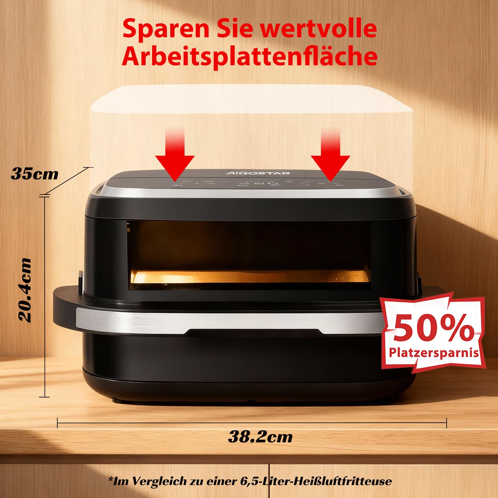 Aigostar Heißluftfritteuse mit XL 745 cm² Garfläche (27.3 * 27.3cm), leiser Extra-Crisp Technologie, Pizzafunktion, Doppelheizung, Sichtfenster, 11 Programmen, Touchscreen, Metall-Innenraum, Schwarz