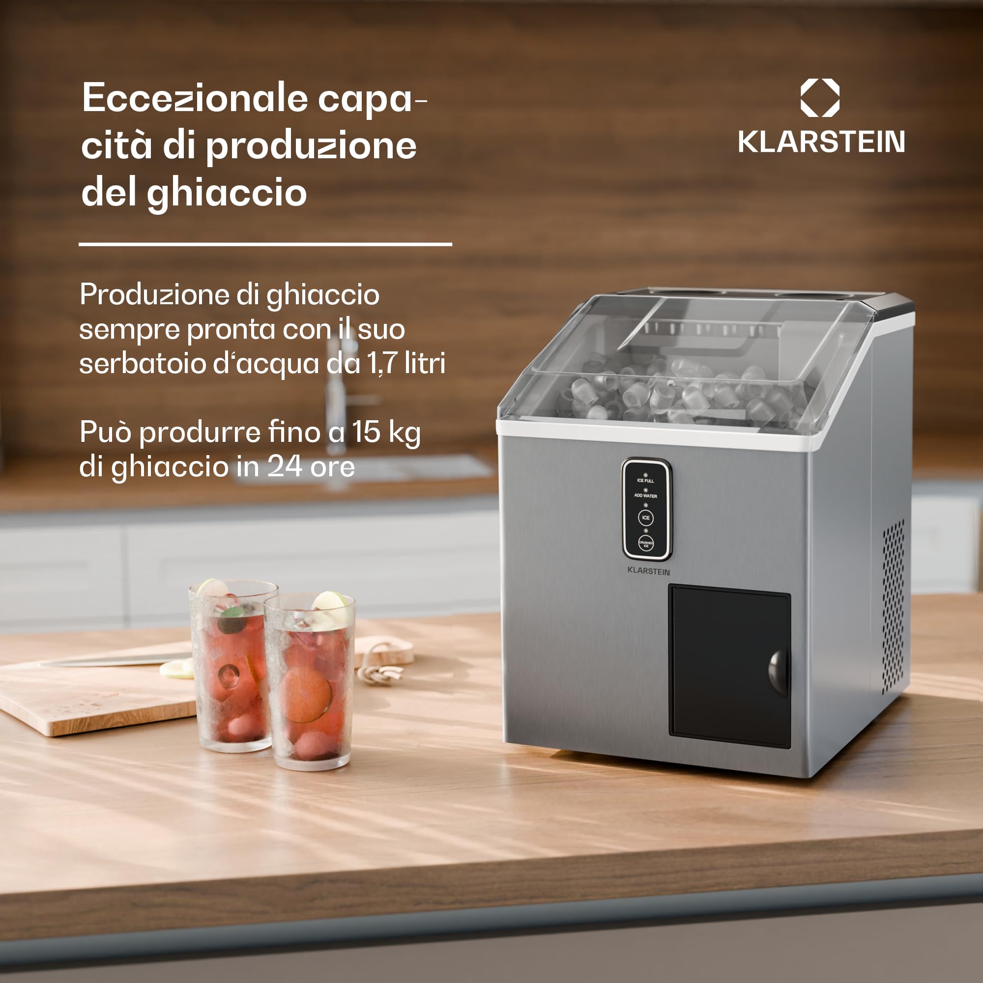 KLARSTEIN - Macchina del Ghiaccio, Acciaio Inox, 15kg/24h, Cubetti & Ghiaccio Tritato, Serbatoio: 1,8L, Pannello LED, Allarme del Livello dell'Acqua, Macchina del Ghiaccio per la Casa