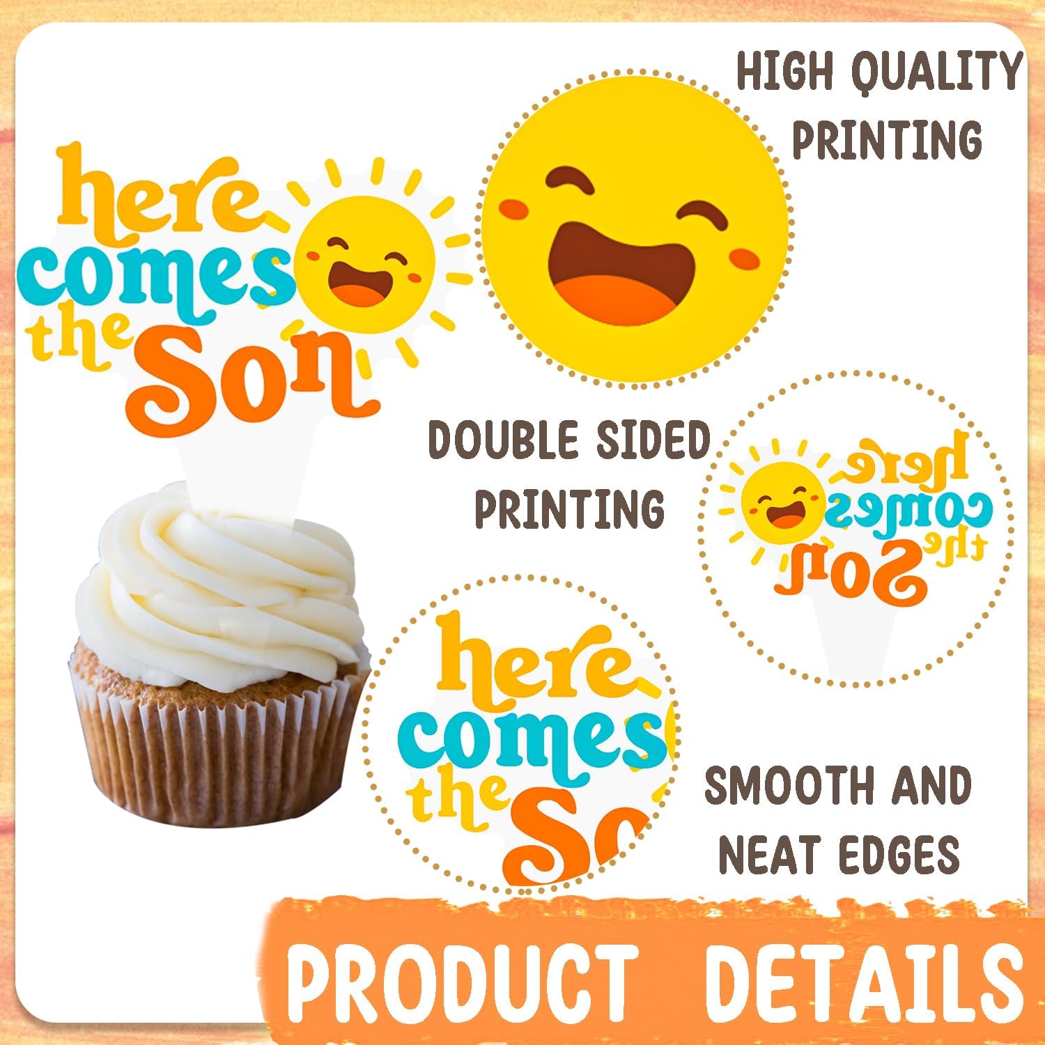 Here Comes the Sun Cupcake Toppers 48Pcs Sunshine Party Cupcake Picks Sun Themed Birthday Party Decorations Here Comes the Son Cake Picks for Sunshine first Baby Shower Supplies - Image 4