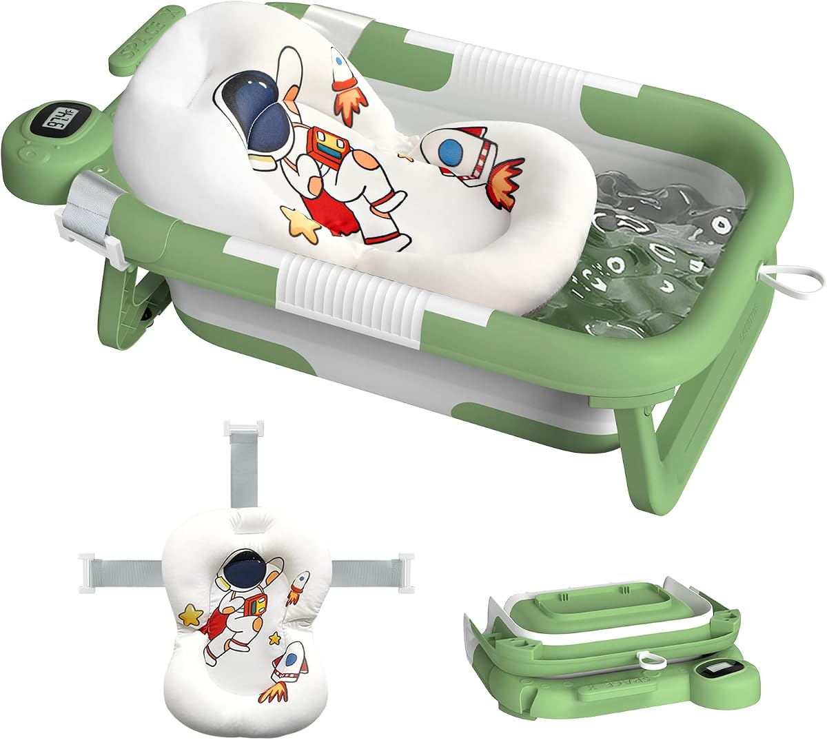 Foldable Baby Bathtub for Newborn to Toddler (0-24 Months), Portable Baby Bath Tub for Travel, Collapsible Baby Tub with Soft and Supportive Cushion (Astronaut-Green)