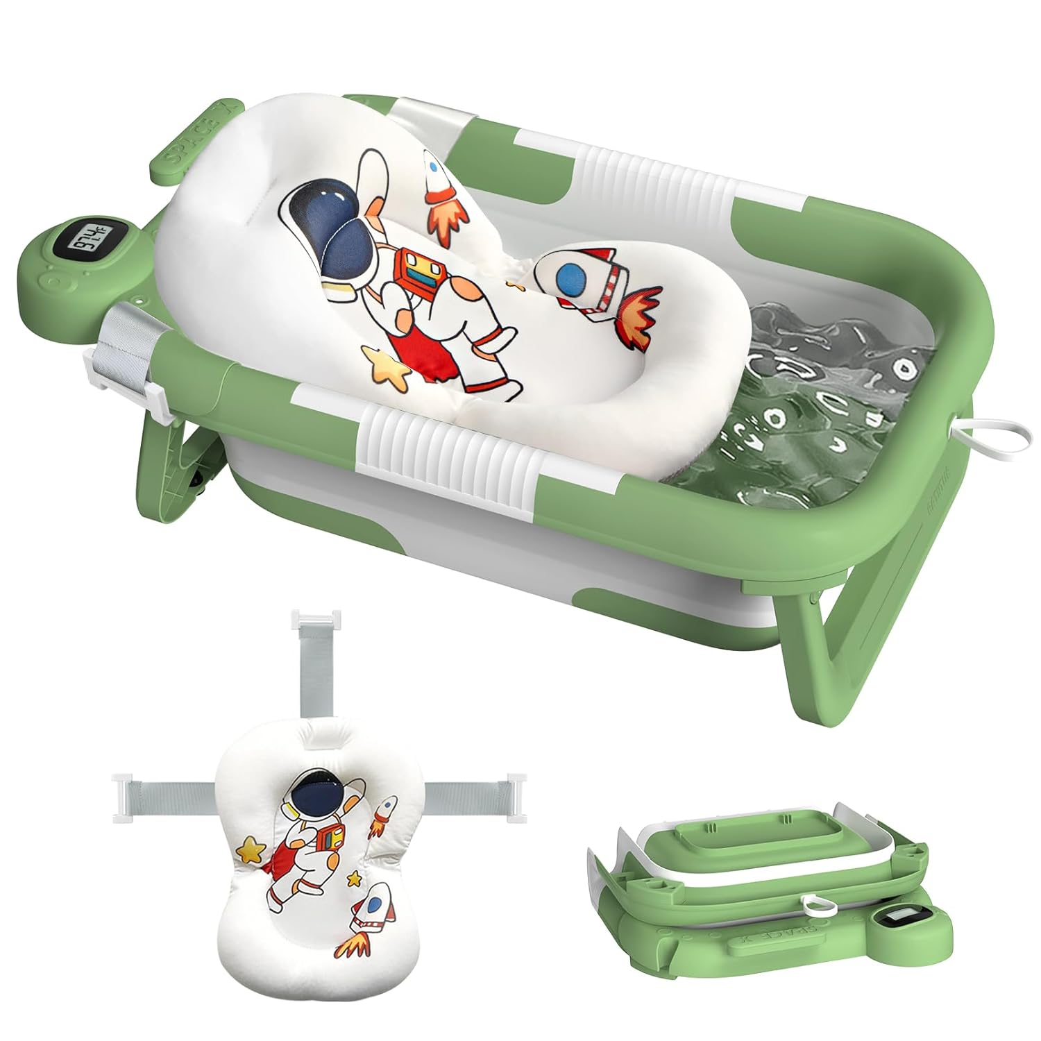 Collapsible Baby Bathtub for Newborn to Toddler (0-24 Months), Portable Baby Bath Tub for Travel, Newborn Bathtub with Soft and Supportive Cushion (Astronaut-Green)