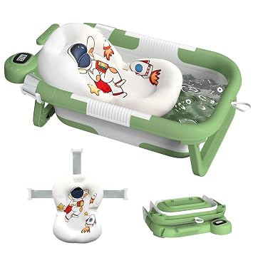 Foldable Baby Bathtub for Newborn to Toddler 0-24 Months, Portable Baby Bath Tub for Travel, Collapsible Baby Tub with Soft and Supportive Cushion Astronaut-Green