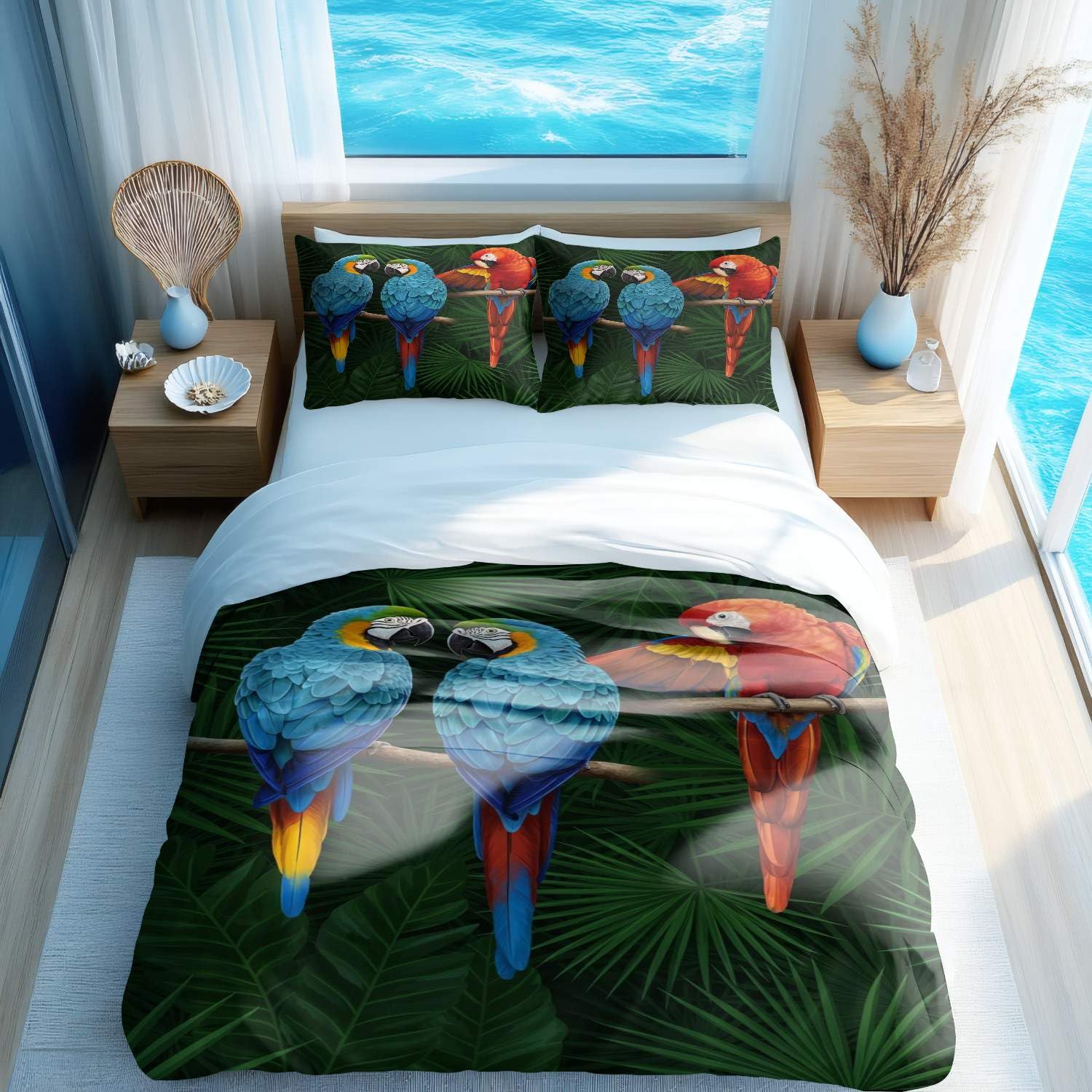 Housse de couette tropicale avec 2 taies d'oreiller 50x75 motif toucan papillon 3D
