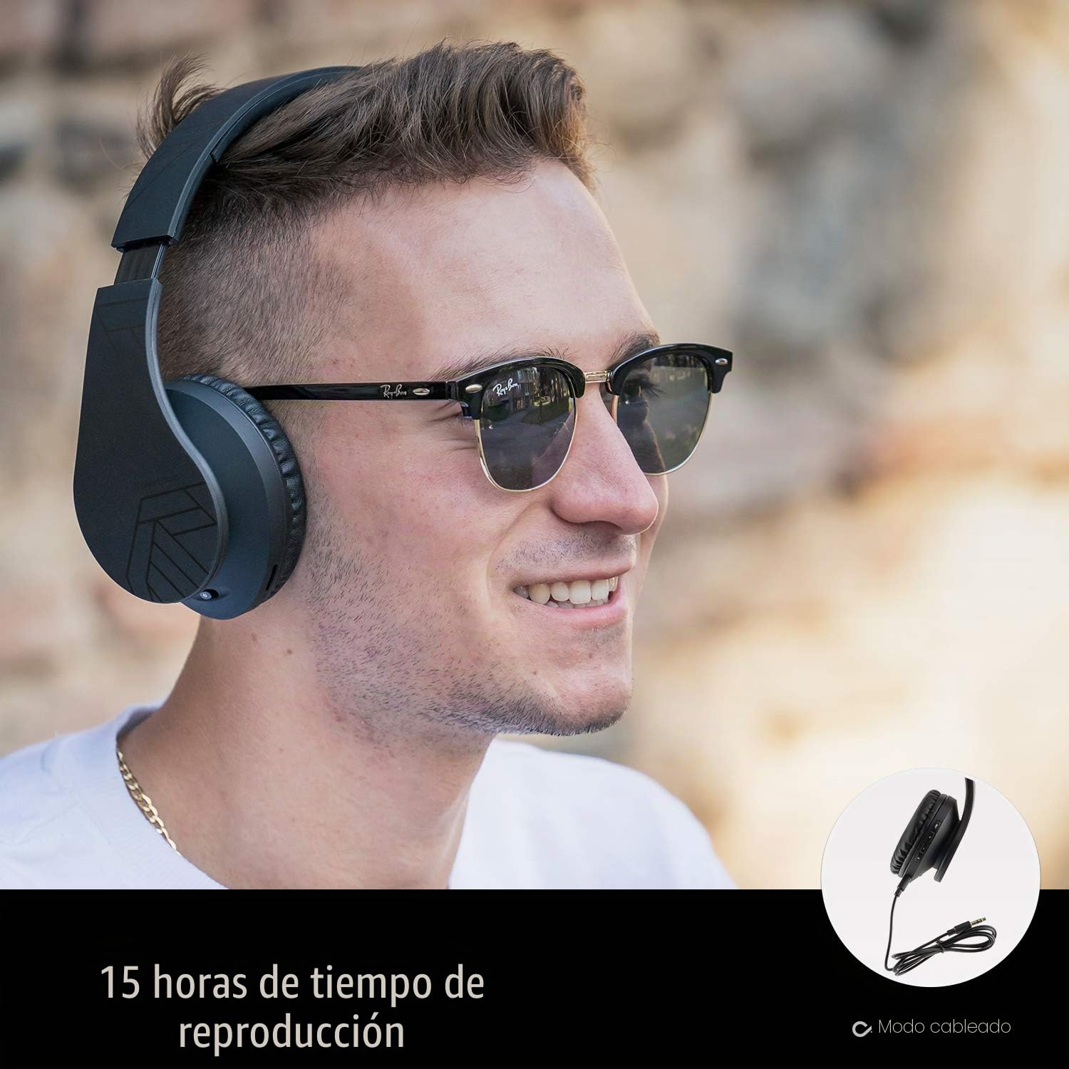 PowerLocus P2 - Auriculares Bluetooth inalambricos de Diadema Cascos Plegables, Casco Bluetooth con Sonido Estéreo Micro SD/TF, FM con micrófono y Audio Cable para Movil, PC, Tablet - Negro