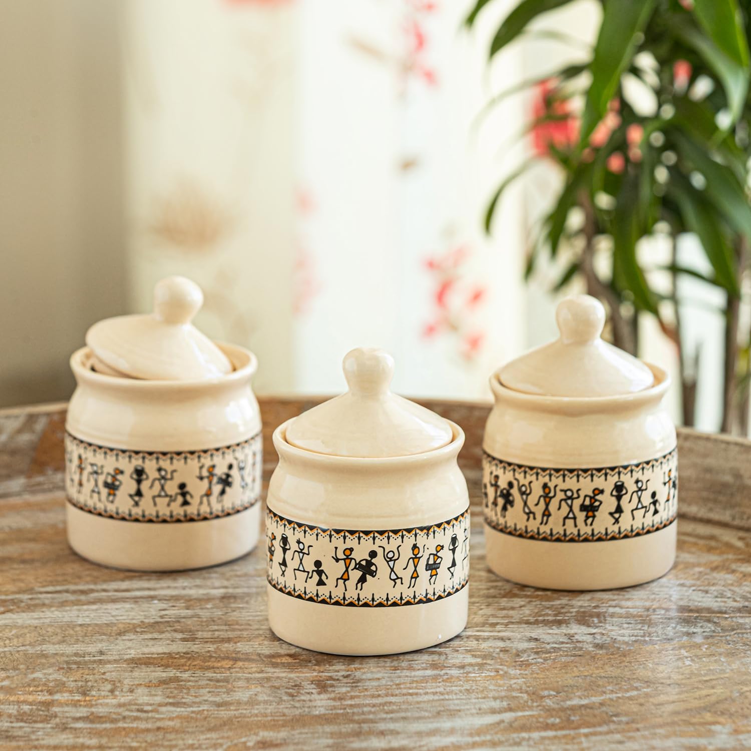 Warli Tales Ceramic Pickle Jars - Handcrafted Indian Decor -1