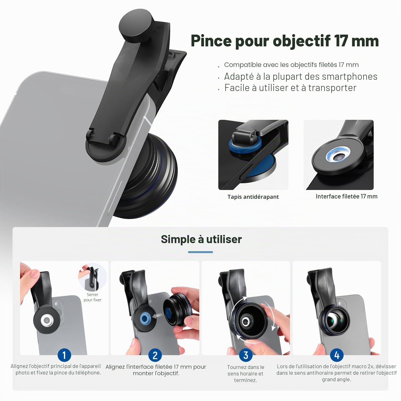 NEEWER Kit d'Objectifs pour Smartphone 2 en 1, Objectif Grand Angle 0,75x et Macro 2x Compatible avec iPhone,Samsung,Android Phone, Objectif HD Détachable avec Bague d'Adaptation de 17mm à 37mm,LS-60