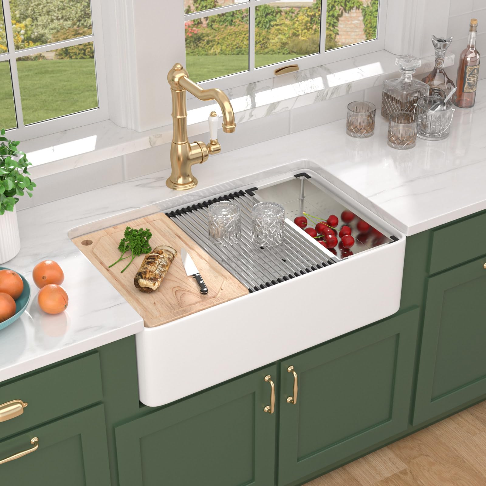 White Farmhouse Sink Farm Kitchen Sink Ledge Workstation White Ceramic Porcelain Fireclay Apron Front Farmer Sink Single Bowl Basin,20"x33"x10",TLAC-0003