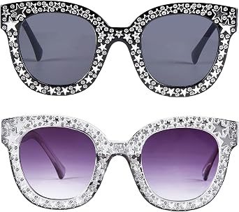2Pcs Oversized Crystal Disco Sunglasses for Women Rhinestone Bling Square Thick Frame Glitter 70s Disco Accessories