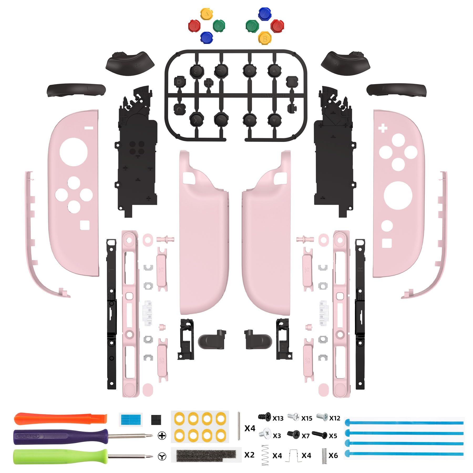 eXtremeRate DIY Carcasa de Agarre Reemplazo con Botones para Joycon 2, Kit Completo con Tiras Decorativas & Soporte Central & Herramientas para Nintendo Switch 2 - Versión Deluxe (Rosa)