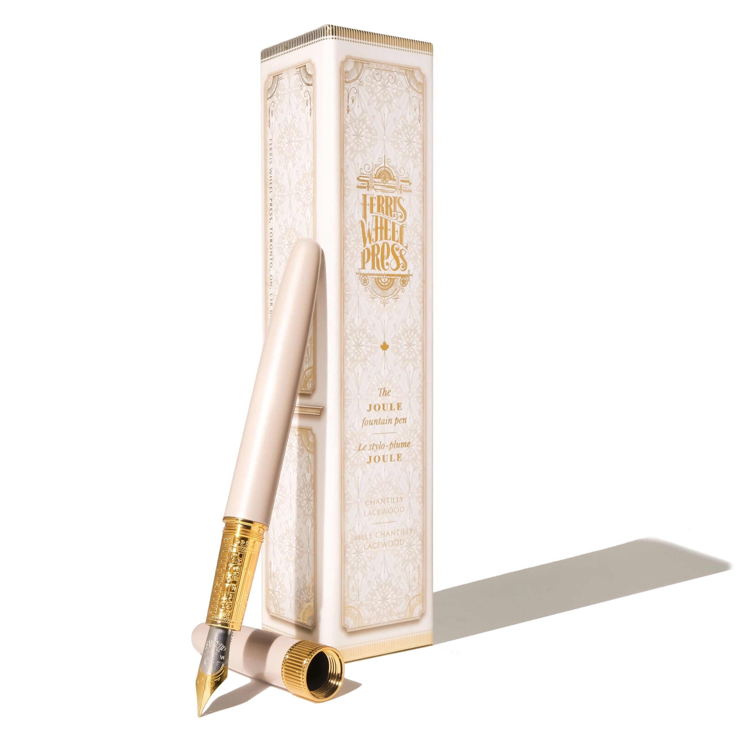 Ferris Wheel Press, Joule Fountain Pen, Chantilly Lacewood, Double Gold Plated, Sapphire Lacquer Finish, Two-Tone Steel Nib, Leather Sleeve, Fine