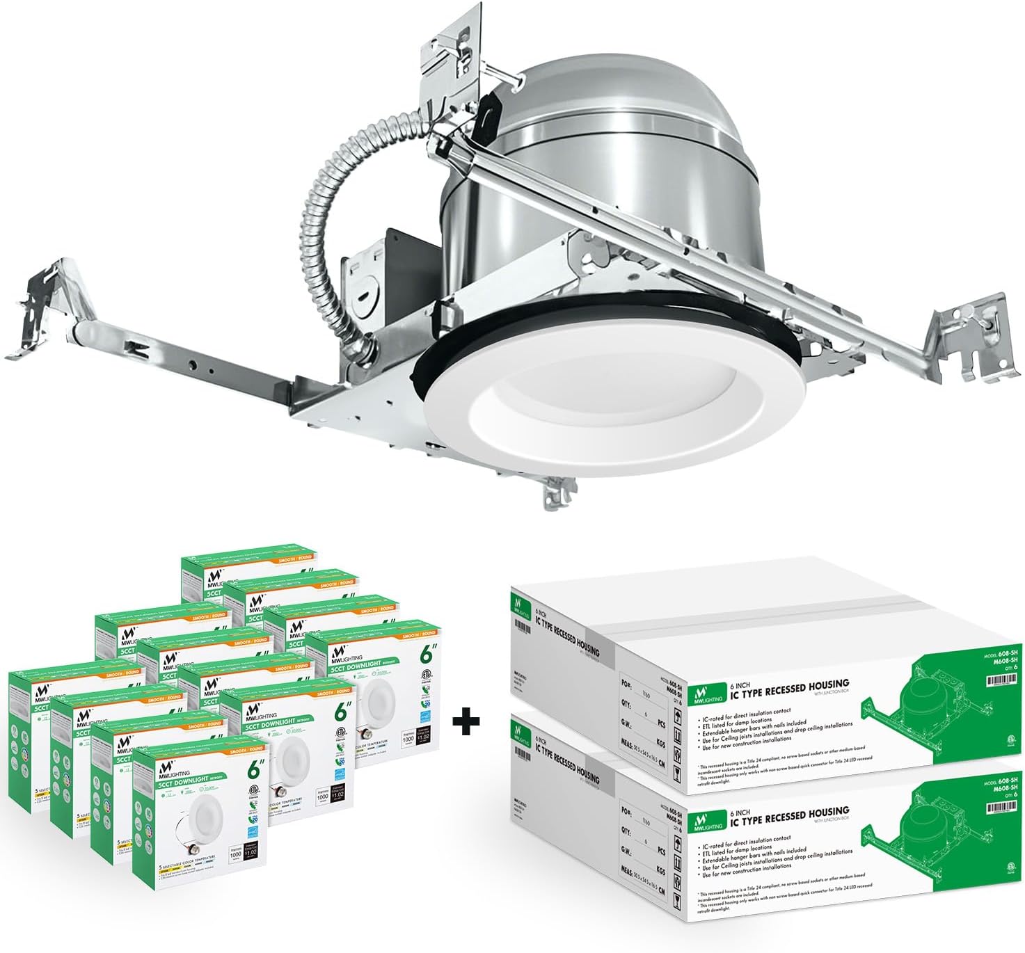 MW MWLIGHTING 12 Pack 6 Inch Shallow New Construction Recessed Lighting Housing + 6 Inch Can Lights,1000LM,5CCT,6 Inch Recessed Housing with TP24 Connector and Recessed Can Lights,UL,ETL Listed