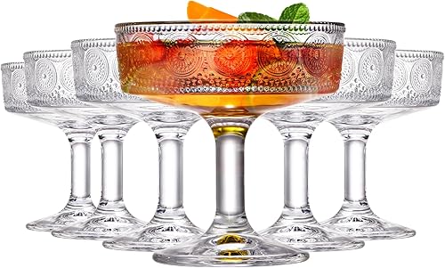 Miniatura 8 de Juego de 6 vasos cupé vintage, 7 onzas de vidrio de Martini en relieve, copas de cóctel florales acanaladas, taza de Margarita transparente única,