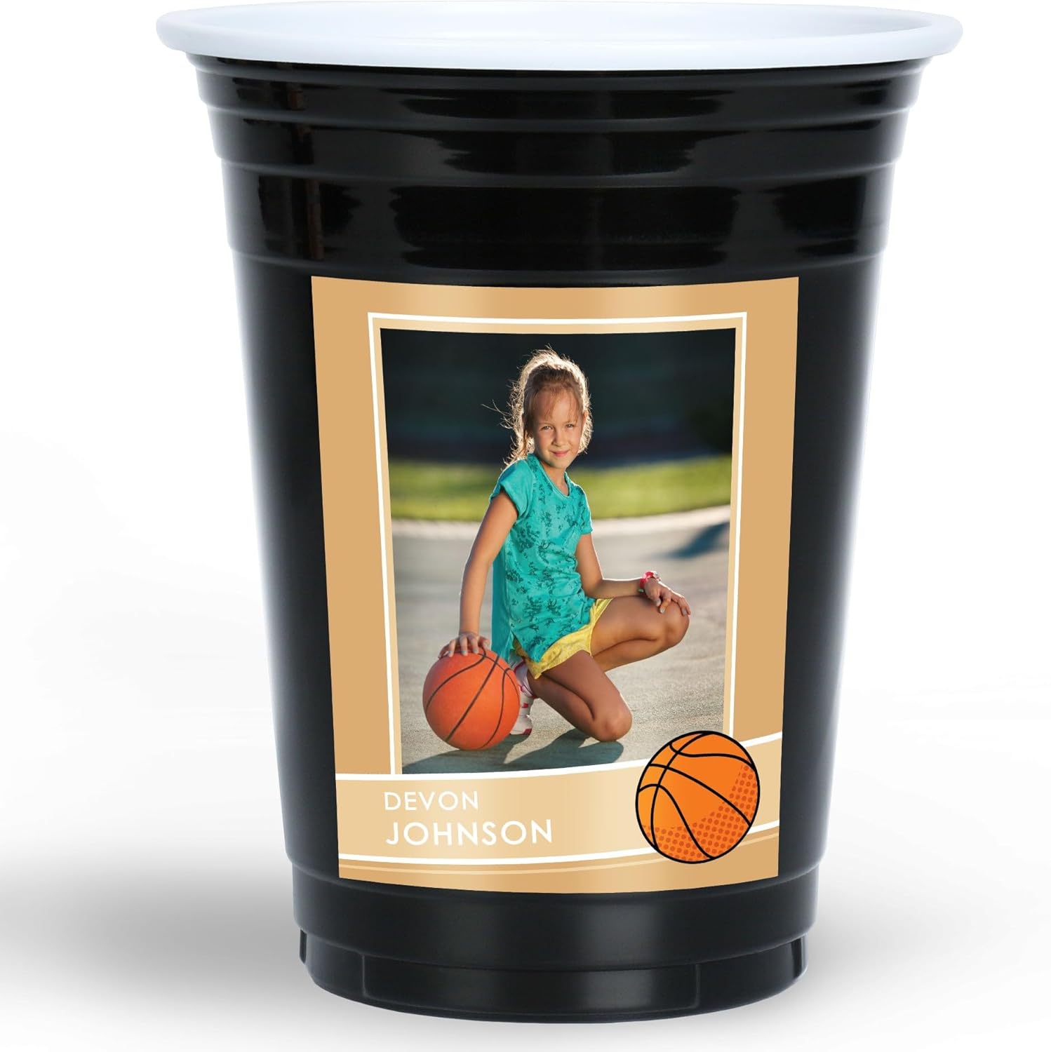 Big Dot of Happiness Custom Basketball Cups, 16oz Disposable Drinkware, Sports Birthday Party Table Decor, Custom Party Cups (Black) & Personalized Photo Stickers - 16 Pack