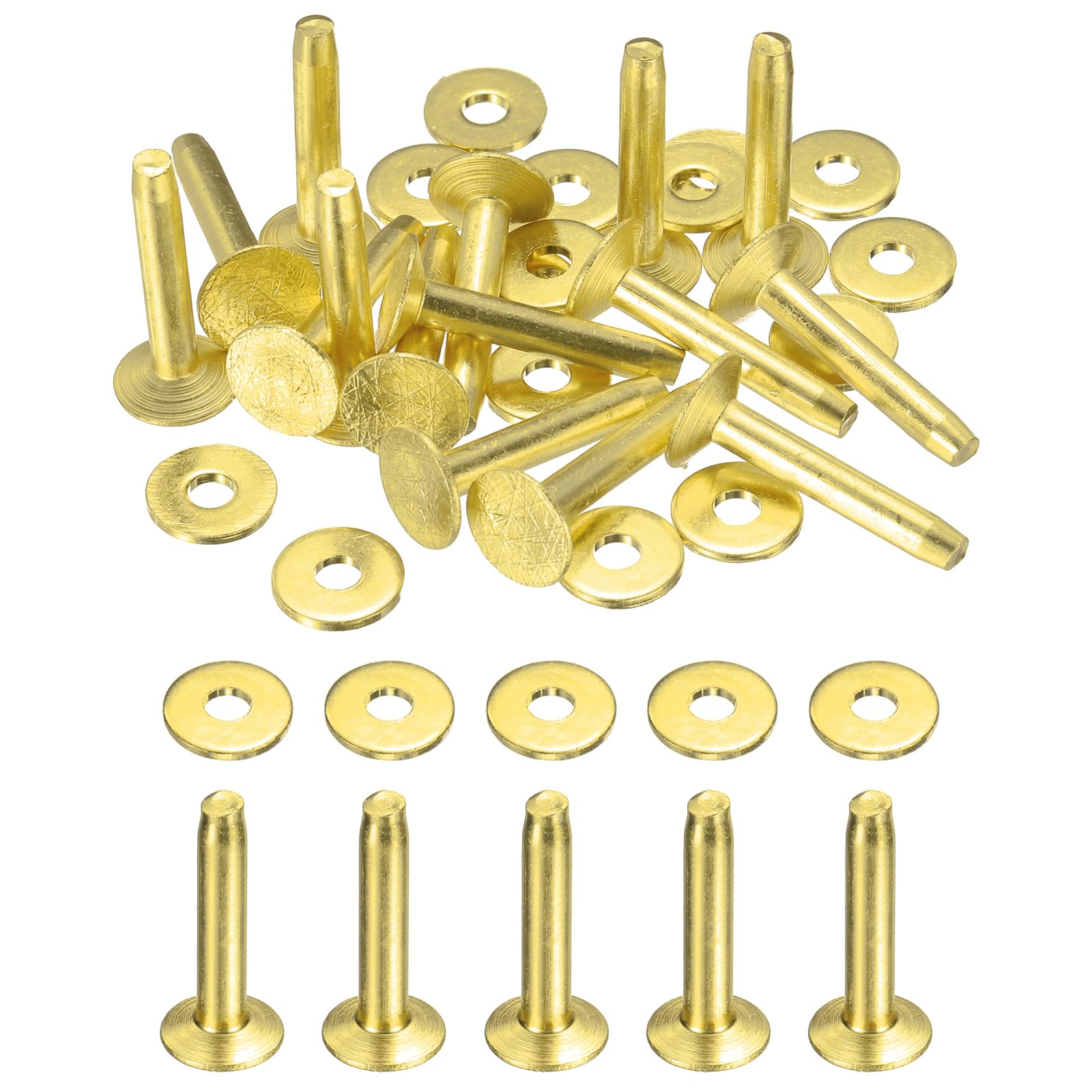 sourcing map 15Set Brass Rivets and Burrs Washers 9x3.3x19mm Dimpled Finish Solid Leather Rivet Fastener Studs Posts for Leather DIY Craft Belts Wallets Collars, Gold Yellow