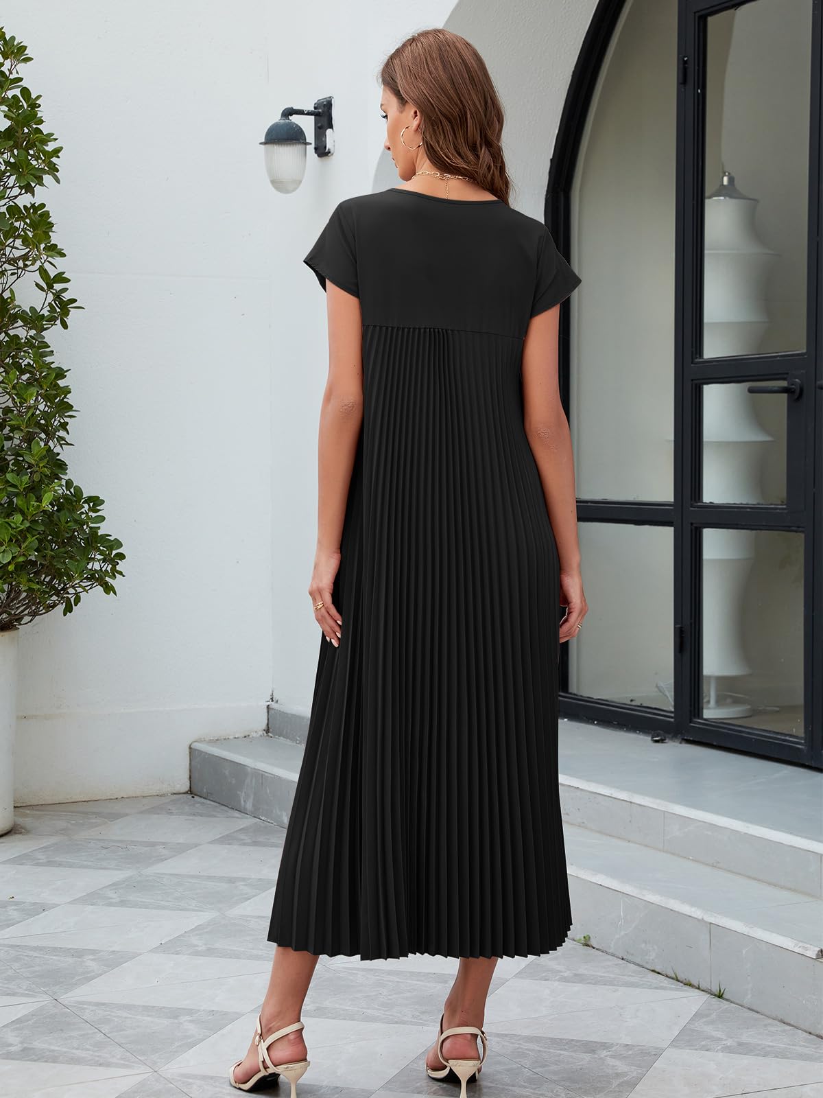 Adigaber Mujeres Largo Vestido Plisado Verano Casual Cuello Redondo Sólido Vestido con Bolsillos