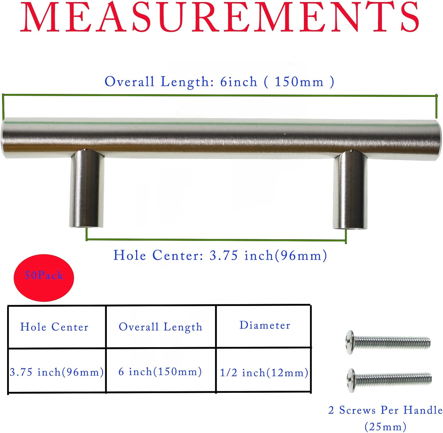 waltyotur 50 Pack 6 Cabinet Pulls Stainless Steel Cabinet Handles Brushed Nickel Cabinet Pulls Cabinet Handles for Kitchen, Bedroom, Bathroom, Wardrobe Hardware(3.75 Hole Center)