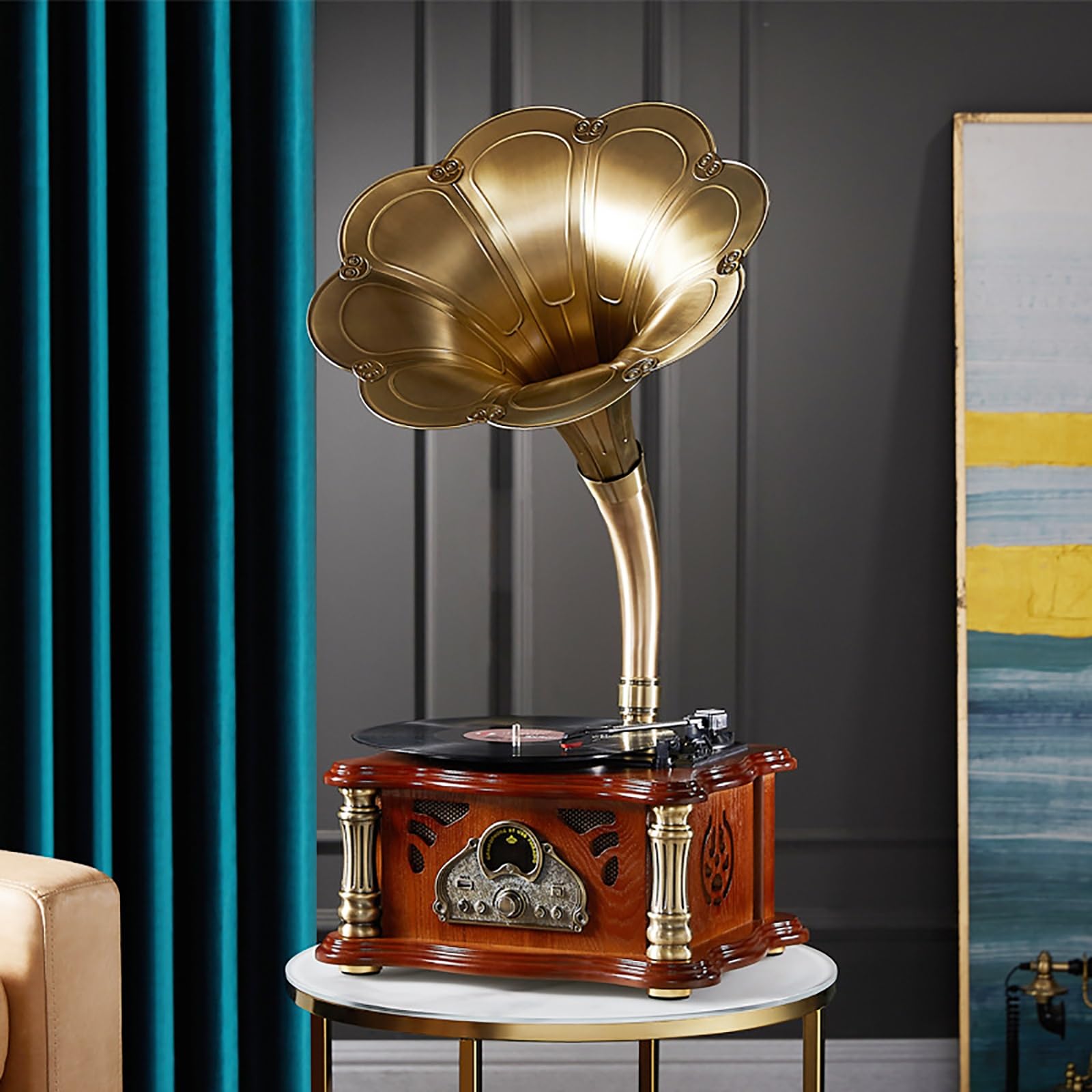 Giradischi vintage, dischi grammofonici in vinile antichi, giradischi radio fonografo Bluetooth con corno in ottone for 33/45/78 giri/min, telecomando senza fili Lautsprecher for la decorazione ( Colo