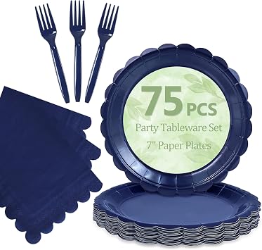 Mulbozy 75Pcs Navy Blue Paper Plates and Napkins Disposable for Party,25-7" | Exquisite Navy Blue Dessert Cake Plates, 25 Napkins&Forks for Birthday Graduation Wedding Patriotic Veterans Holiday